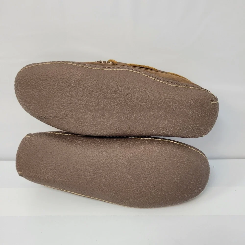 LL Bean Mens Brown‎ Leather Moccasin Slippers Cozy Plaid Lined Size 9